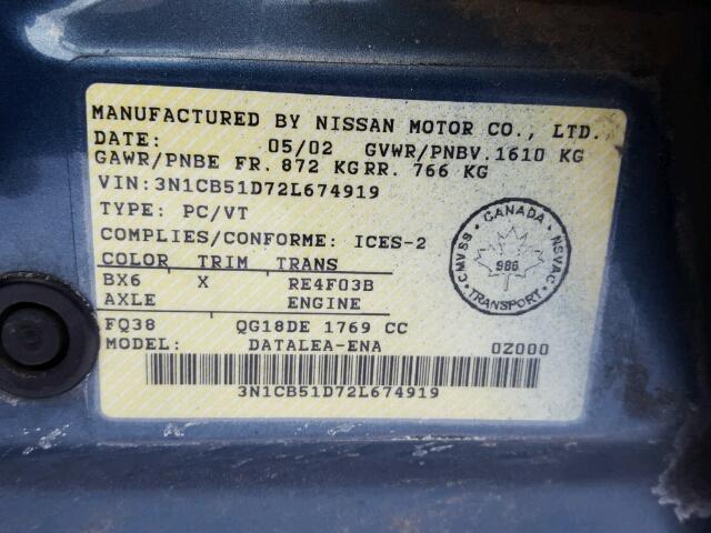 3N1CB51D72L674919 - 2002 NISSAN SENTRA XE BLUE photo 10