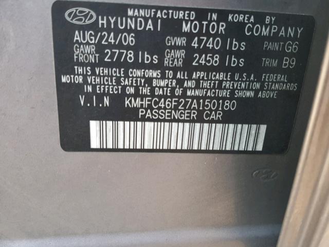 KMHFC46F27A150180 - 2007 HYUNDAI AZERA SE GRAY photo 10