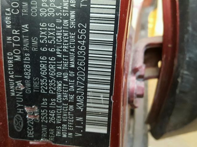 KM8JN72D26U364562 - 2006 HYUNDAI TUCSON GLS BURGUNDY photo 10