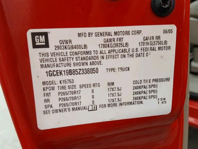 1GCEK19B85Z338050 - 2005 CHEVROLET SILVERADO RED photo 10