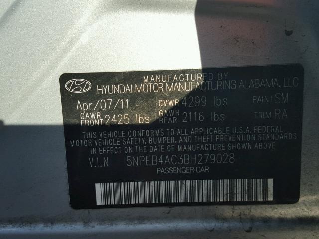 5NPEB4AC3BH279028 - 2011 HYUNDAI SONATA GLS SILVER photo 10