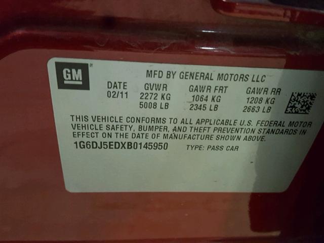 1G6DJ5EDXB0145950 - 2011 CADILLAC CTS PERFOR RED photo 10