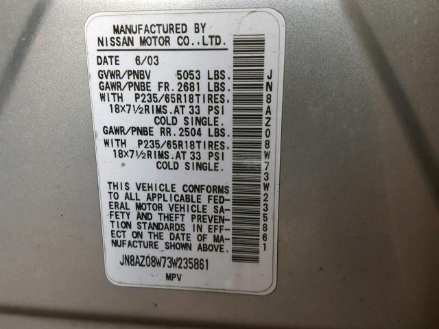 JN8AZ08W73W235861 - 2003 NISSAN MURANO SL SILVER photo 10