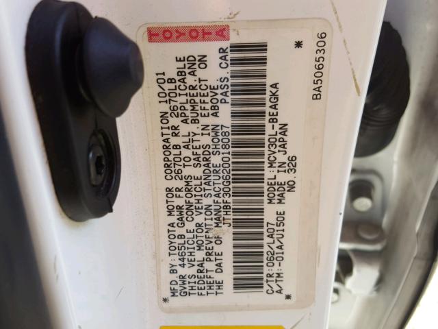 JTHBF30G620018087 - 2002 LEXUS ES 300 WHITE photo 10