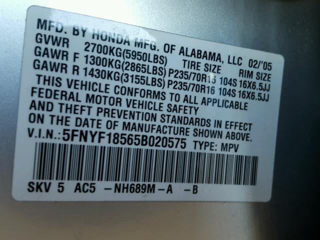 5FNYF18565B020575 - 2005 HONDA PILOT EXL SILVER photo 10