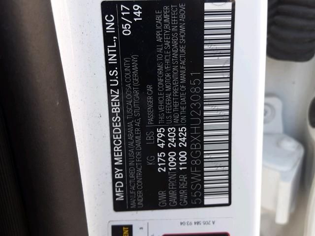 55SWF8GBXHU230851 - 2017 MERCEDES-BENZ C 63 AMG WHITE photo 10