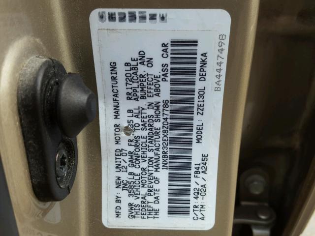 1NXBR32EX8Z047786 - 2008 TOYOTA COROLLA CE GOLD photo 10