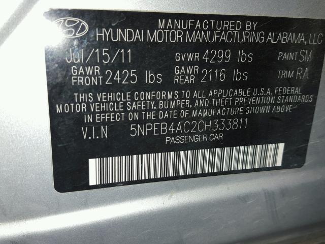 5NPEB4AC2CH333811 - 2012 HYUNDAI SONATA GLS SILVER photo 10