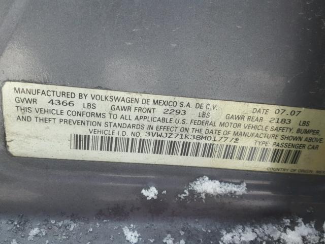 3VWJZ71K38M017772 - 2008 VOLKSWAGEN JETTA S 灰色 照片 10