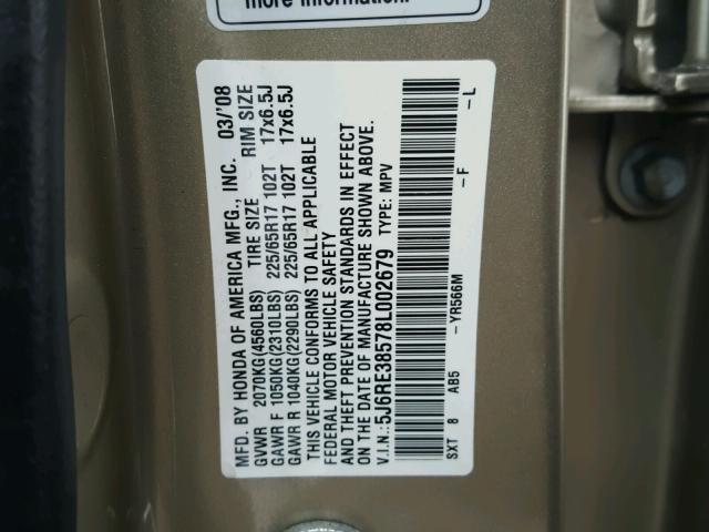 5J6RE38578L002679 - 2008 HONDA CR-V EX GOLD photo 10