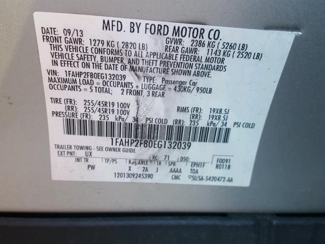 1FAHP2F80EG132039 - 2014 FORD TAURUS LIM GRAY photo 10