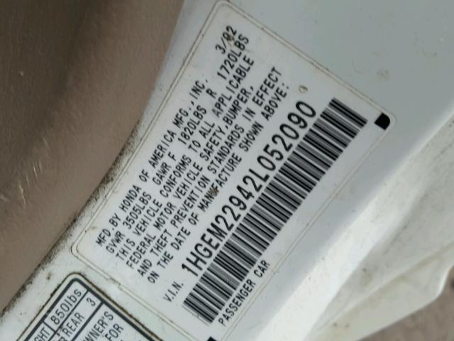 1HGEM22942L052090 - 2002 HONDA CIVIC EX 白色 照片 10