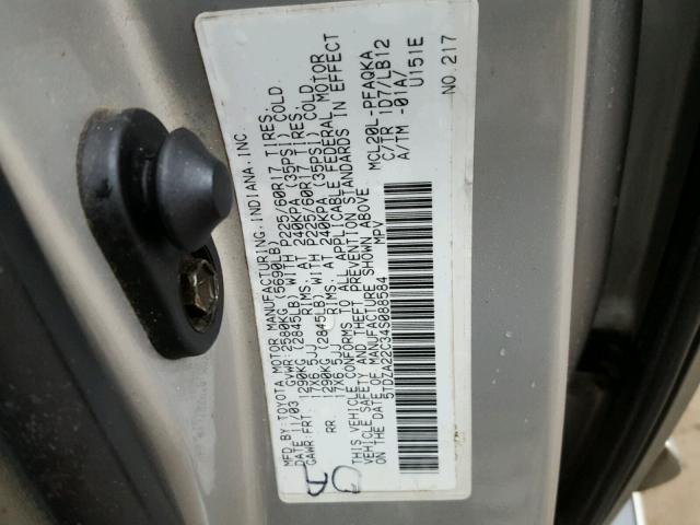 5TDZA22C34S088584 - 2004 TOYOTA SIENNA XLE SILVER photo 10