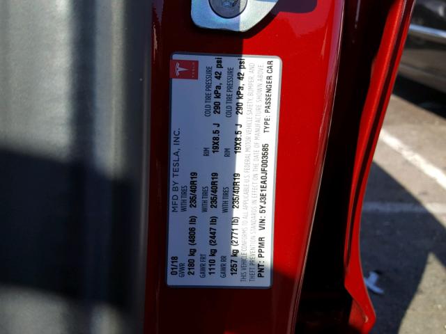 5YJ3E1EA0JF003585 - 2018 TESLA MODEL 3 أحمر صورة 10