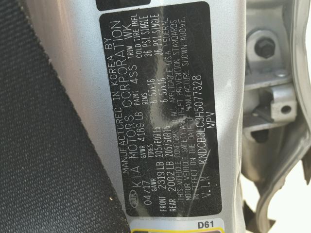 KNDCB3LC3H5077328 - 2017 KIA NIRO FE SILVER photo 10