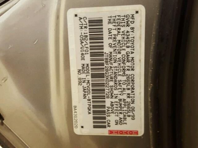 JT8BF28G3X0227728 - 1999 LEXUS ES 300 TAN photo 10