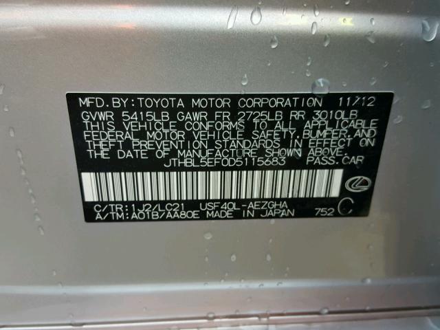 JTHBL5EF0D5115683 - 2013 LEXUS LS 460 SILVER photo 10