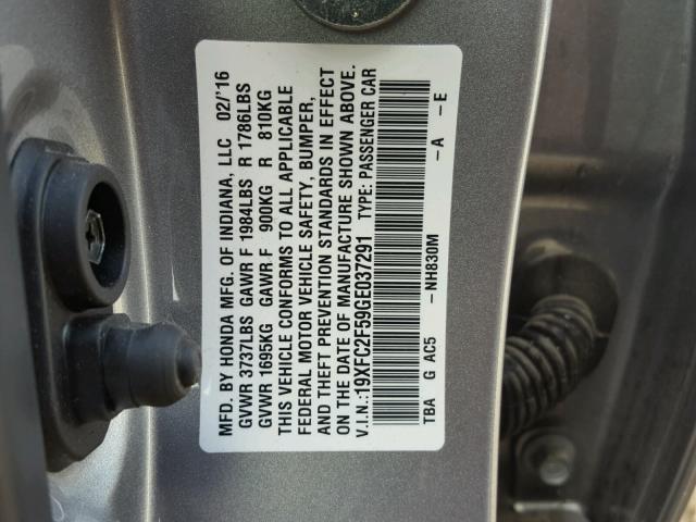 19XFC2F59GE037291 - 2016 HONDA CIVIC LX GRAY photo 10