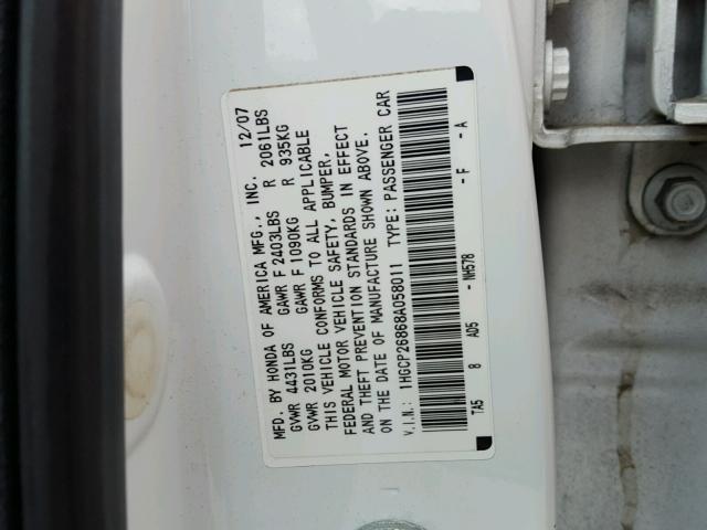 1HGCP26868A058011 - 2008 HONDA ACCORD EXL WHITE photo 10