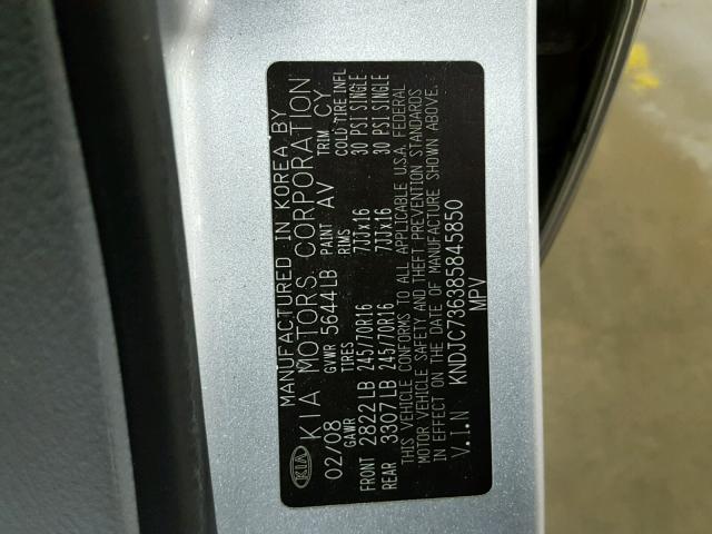 KNDJC736385845850 - 2008 KIA SORENTO EX SILVER photo 10