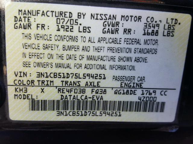 3N1CB51D75L594251 - 2005 NISSAN SENTRA 1.8 BLACK photo 10