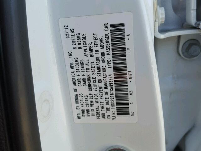 1HGCP2F87CA093634 - 2012 HONDA ACCORD EXL WHITE photo 10