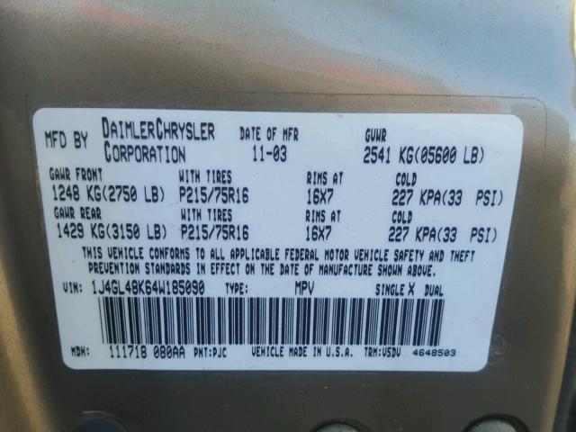 1J4GL48K64W185090 - 2004 JEEP LIBERTY SP BROWN photo 10