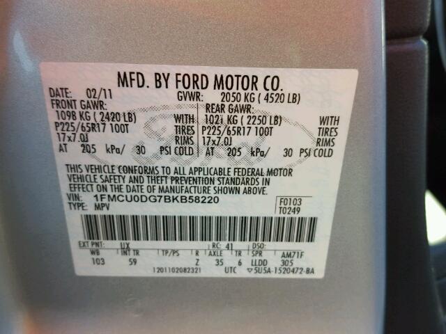 1FMCU0DG7BKB58220 - 2011 FORD ESCAPE XLT SILVER photo 10
