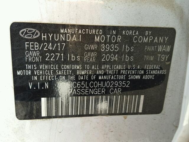 KMHC65LC0HU029352 - 2017 HYUNDAI IONIQ BLUE WHITE photo 10