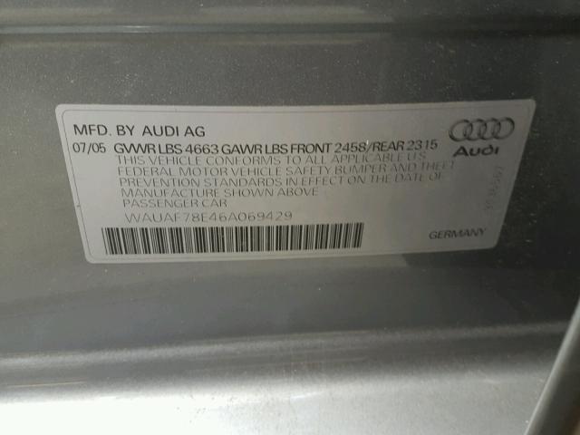 WAUAF78E46A069429 - 2006 AUDI A4 2 GRAY photo 10