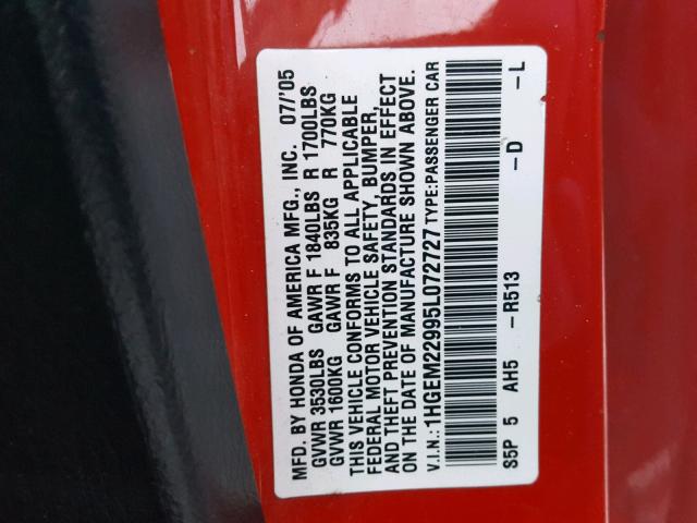 1HGEM22995L072727 - 2005 HONDA CIVIC EX RED photo 10