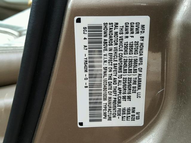 5FNRL18034B010036 - 2004 HONDA ODYSSEY EX TAN photo 10