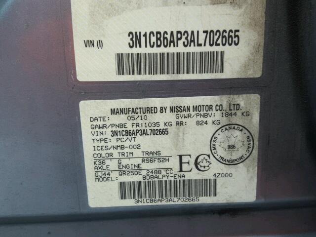 3N1CB6AP3AL702665 - 2010 NISSAN SENTRA SE- GRAY photo 10