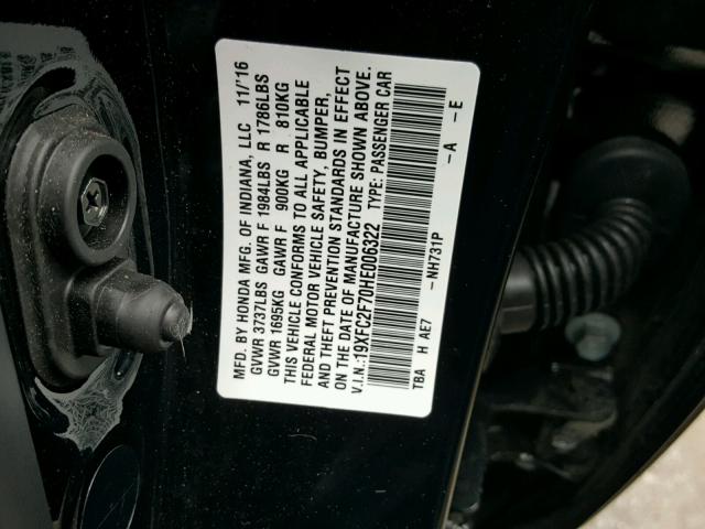 19XFC2F70HE006322 - 2017 HONDA CIVIC EX BLACK photo 10