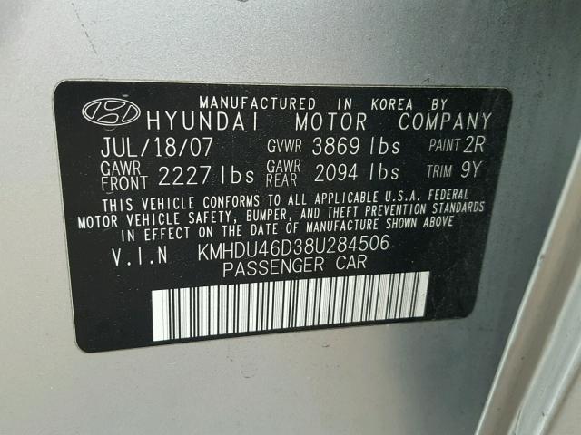 KMHDU46D38U284506 - 2008 HYUNDAI ELANTRA GL SILVER photo 10