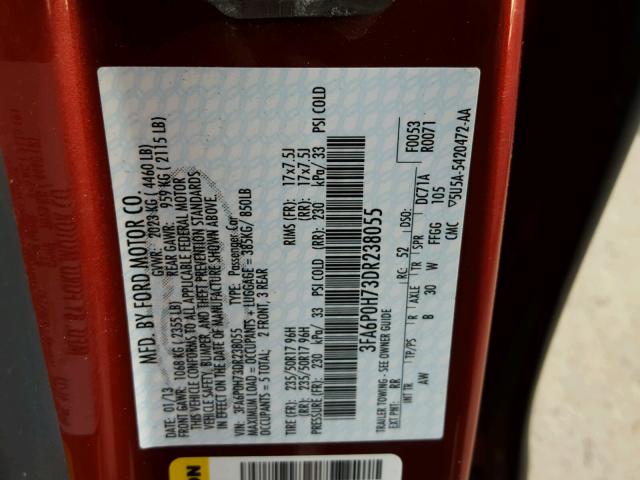 3FA6P0H73DR238055 - 2013 FORD FUSION SE RED photo 10