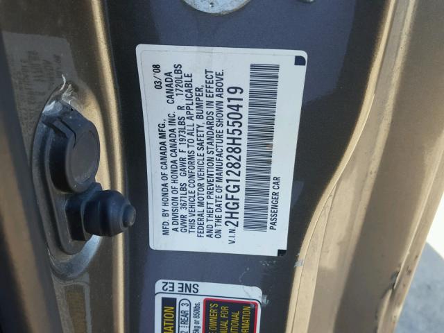 2HGFG12828H550419 - 2008 HONDA CIVIC EX 灰色 照片 10