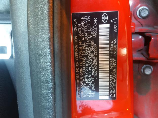 JTKKT624350100029 - 2005 TOYOTA SCION XA RED photo 10