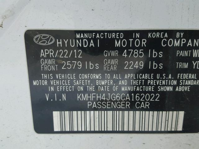 KMHFH4JG6CA162022 - 2012 HYUNDAI AZERA GLS WHITE photo 10