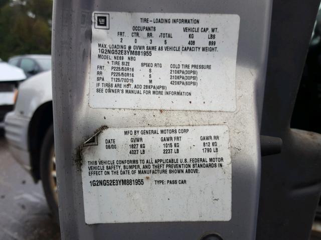 1G2NG52E3YM881955 - 2000 PONTIAC GRAND AM S ვერცხლისფერი ფოტო 10