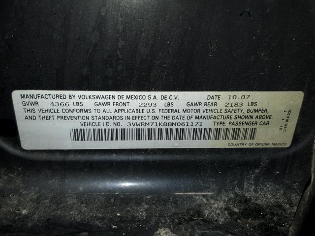 3VWRM71K88M061171 - 2008 VOLKSWAGEN JETTA SE BLACK photo 10