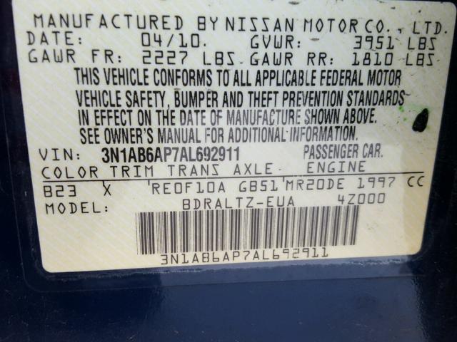 3N1AB6AP7AL692911 - 2010 NISSAN SENTRA 2.0 BLUE photo 10