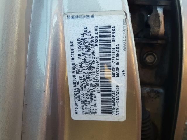 2T1BR12E4YC353615 - 2000 TOYOTA COROLLA VE TAN photo 10