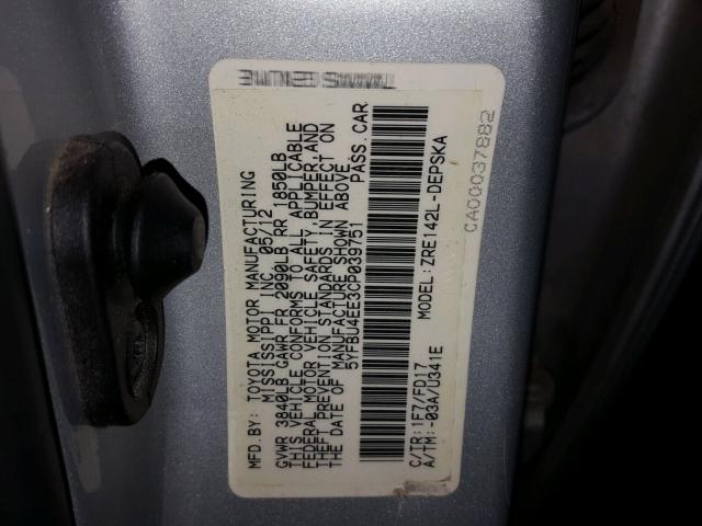 5YFBU4EE3CP039751 - 2012 TOYOTA COROLLA BA SILVER photo 10