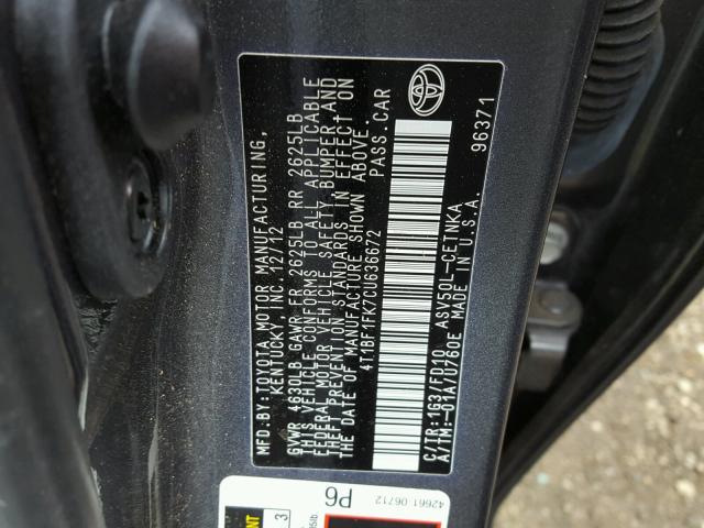 4T1BF1FK7CU636672 - 2012 TOYOTA CAMRY BASE GRAY photo 10