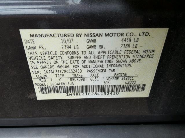 1N4BL21E28C152450 - 2008 NISSAN ALTIMA 3.5 GRAY photo 10