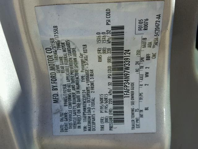 1FAFP34N97W339124 - 2007 FORD FOCUS ZX4 GRAY photo 10