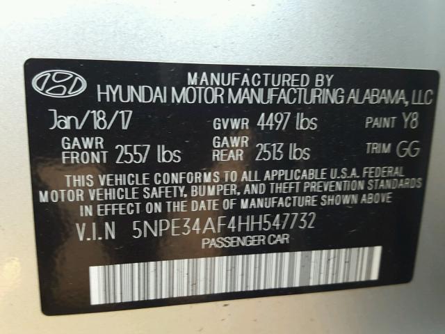 5NPE34AF4HH547732 - 2017 HYUNDAI SONATA SPO SILVER photo 10