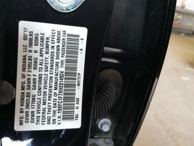 19XFC1F7XHE014924 - 2017 HONDA CIVIC EXL 黑色 照片 10