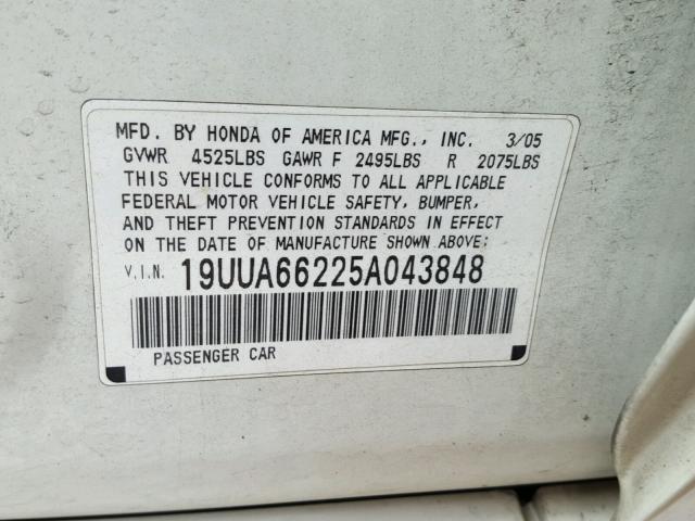 19UUA66225A043848 - 2005 ACURA TL WHITE photo 10